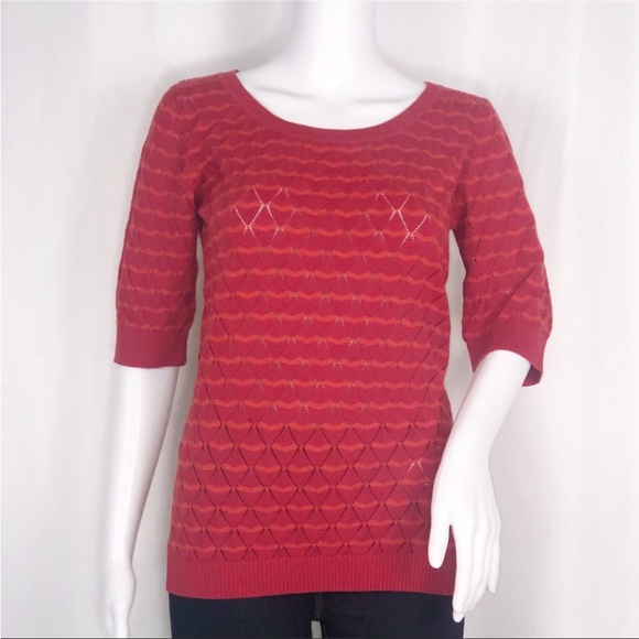4 Funky Flavours Red & Orange Stripes Scoop Neck Open Knit Diamond Sweater SzXS - Picture 1 of 16